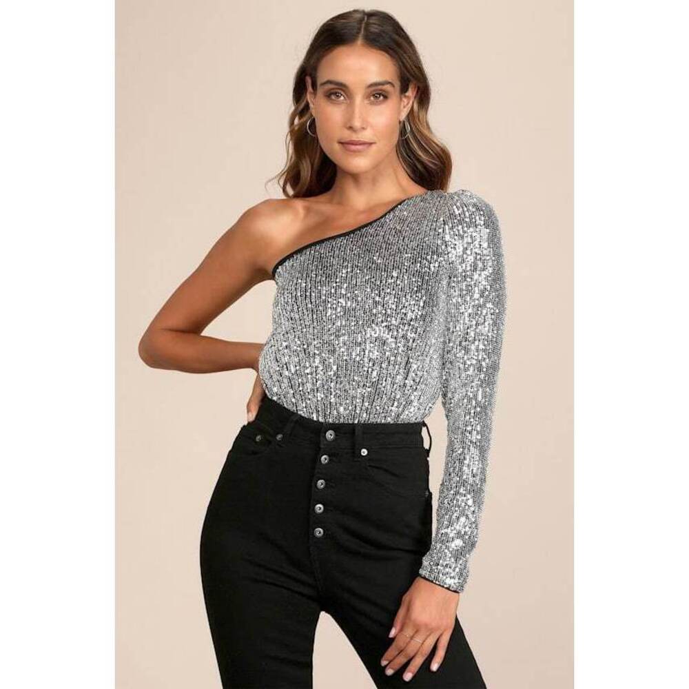 Lulus Dancing Diva Black And Silver Sequin One-shoulder Bodysuit - Size M